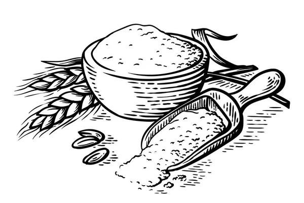 Harina fresca plato de madera cucharada en el vector de fondo blanco — Vector de stock