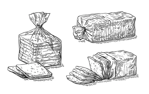 Samling av naturliga element av skivad toast bröd och cellofanförpackning skiss — Stock vektor