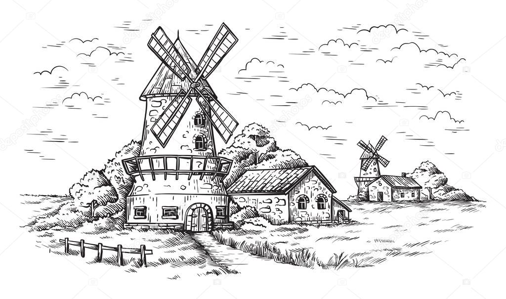 Village near a wheat field and a windmill drawn by hand vector illustration
