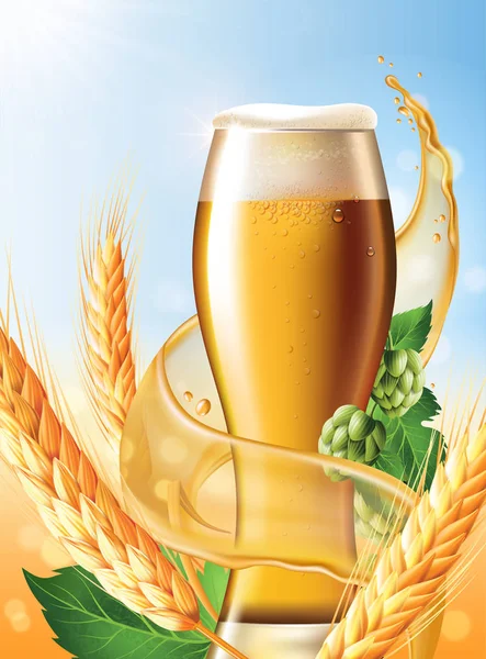 Bier-Poster-Vorlage für klassische Weißbier-Werbeverpackungen. Vector Glasbecher mit Bier — Stockvektor