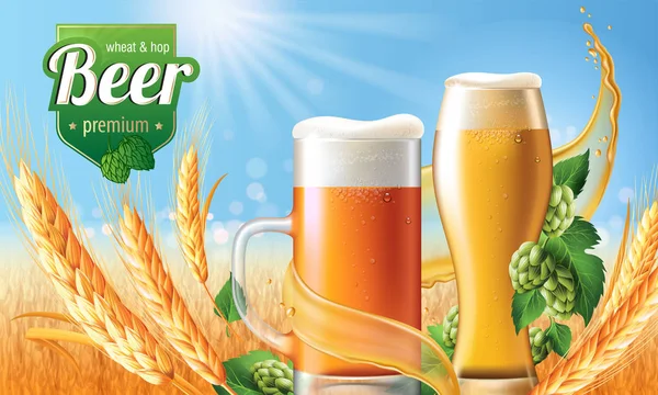 Bier-Poster-Vorlage für klassische Weißbier-Werbeverpackungen. Vector Glasbecher mit Bier — Stockvektor