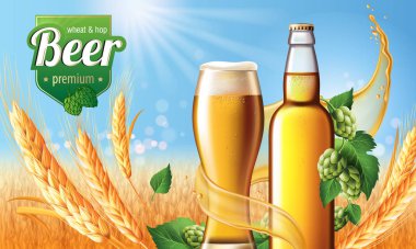 Klasik beyaz bira reklam paketi tasarımı için Bira Posteri şablonu. Biralı vektör cam bardak