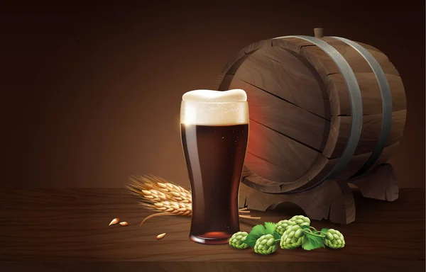 Bière Dark Porter en coupe de verre et tonneau de bois avec blé et houblon, boisson rafraîchissante avec mousse blanche en illustration 3D, éclaboussure de bière — Image vectorielle