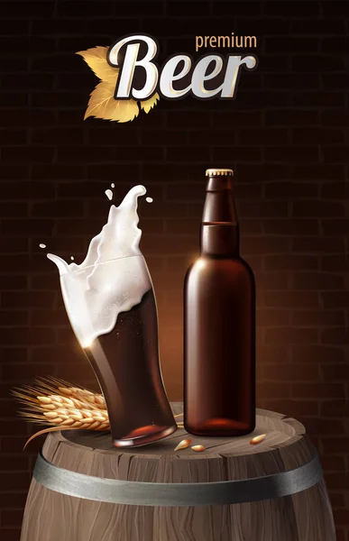 Dunkles Porterbier in Glasbecher und Glasflasche auf Holzfass mit Weizen, Erfrischungsgetränk mit weißem Schaum in 3D-Illustration, spritzendes Bier — Stockvektor