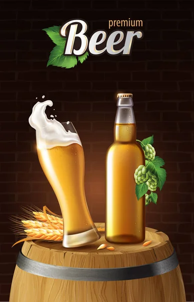 Helles Lagerbier in Glasbecher und Glasflasche auf Holzfass mit Weizen, erfrischendes Getränk mit weißem Schaum in 3D-Illustration, spritzendes Bier — Stockvektor