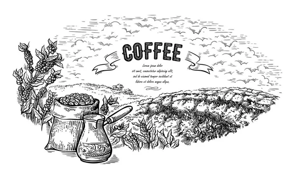 Café plantação paisagem saco arbusto e cafeteira em estilo gráfico vetor desenhado à mão — Vetor de Stock
