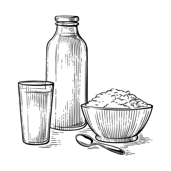 Saludable desayuno dibujo boceto leche vidrio crumbly cuajada botella de leche vector — Archivo Imágenes Vectoriales
