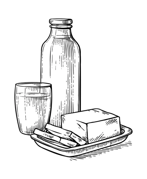 健康的な朝食のスケッチミルクグラスチーズミルクボトルベクトル — ストックベクタ