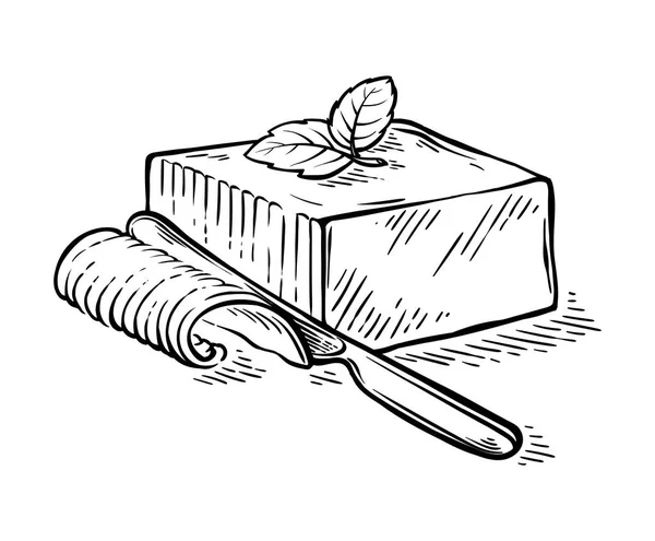 Mão desenhado pedaço de esboço de fatia fresca de manteiga com vetor faca — Vetor de Stock