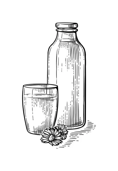 Gezond Ontbijt tekening schets glas melk fles cup vector — Stockvector