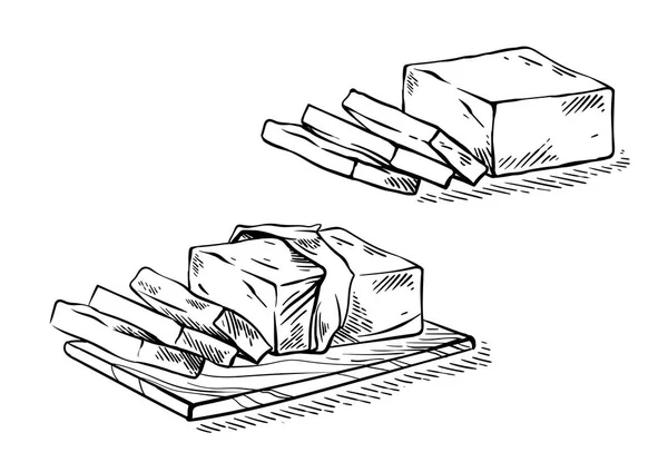 Dibujo dibujado a mano rebanada de mantequilla en la amplia madera — Vector de stock