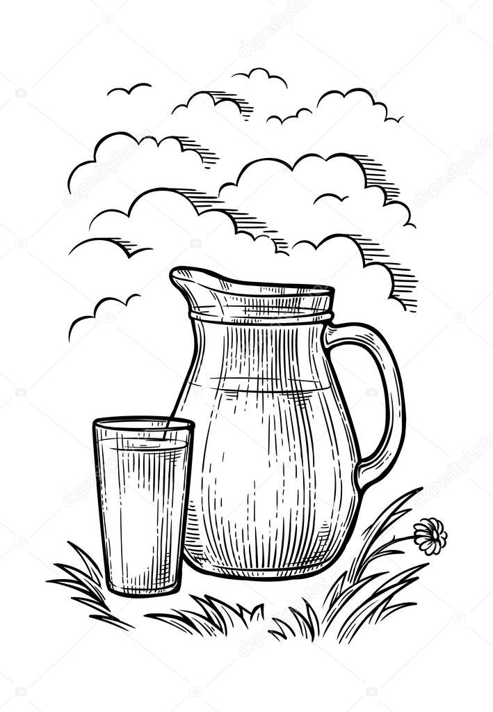 hand-drawn picture jug and glass of milk on the grass against the sky with clouds vector