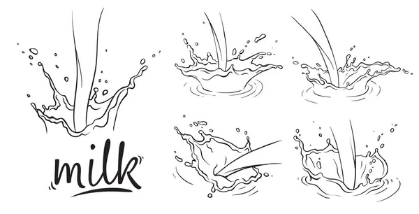 Serie di schizzo disegnato a mano acqua o latte spruzzi vettore corona — Vettoriale Stock