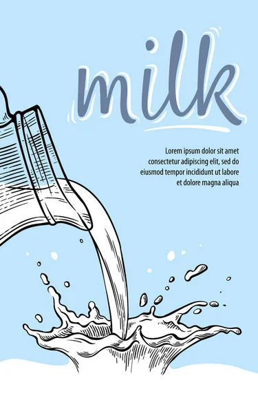 Esboço mão desenhado cartaz respingo de leite de jarro de vidro vetor —  Vetores de Stock