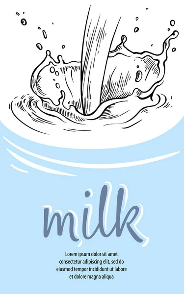 Bosquejo dibujado a mano cartel leche salpicadura de vidrio jarra vector — Vector de stock