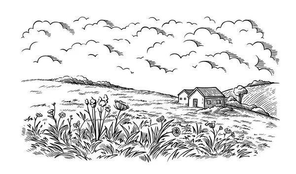 Поле біля сільських будинків на задньому плані і вектор квітів — стоковий вектор