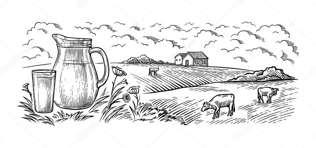 healthy Breakfast drawing sketch glass milk bottle iron can cup field cow vilage vector