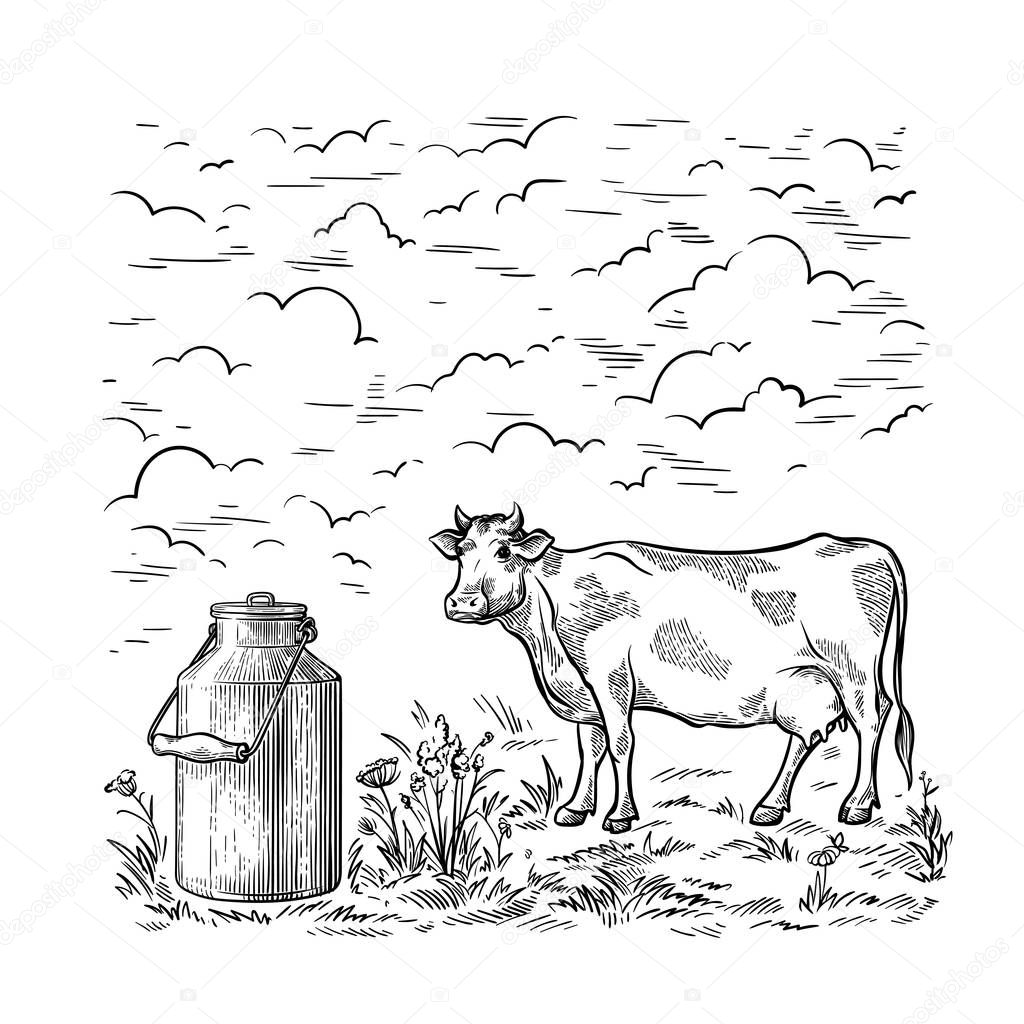 healthy Breakfast drawing sketch glass milk bottle iron can cup field cow vilage vector