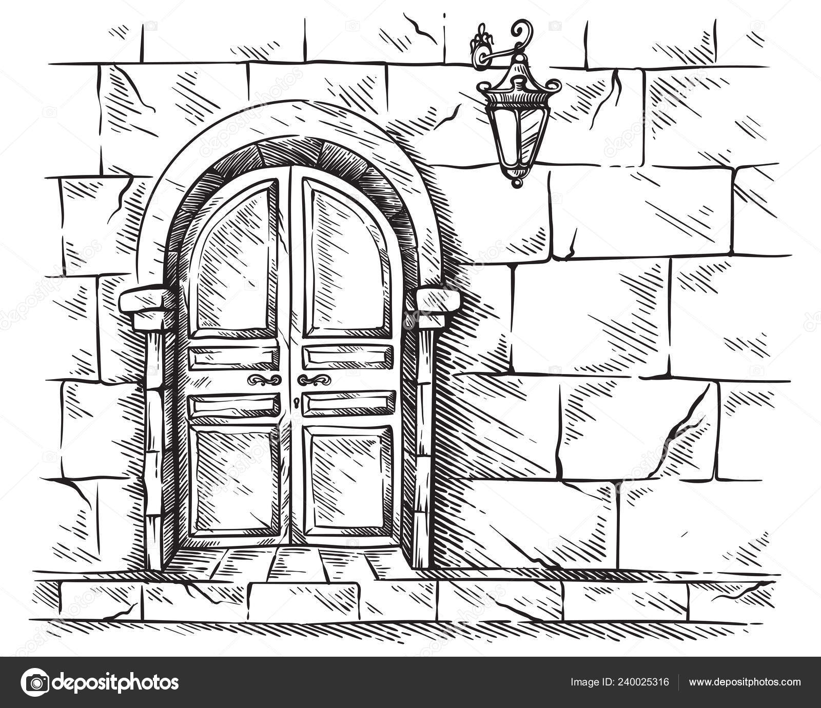 Sketch Hand Drawn Old Double Arched Wooden Door In Stone