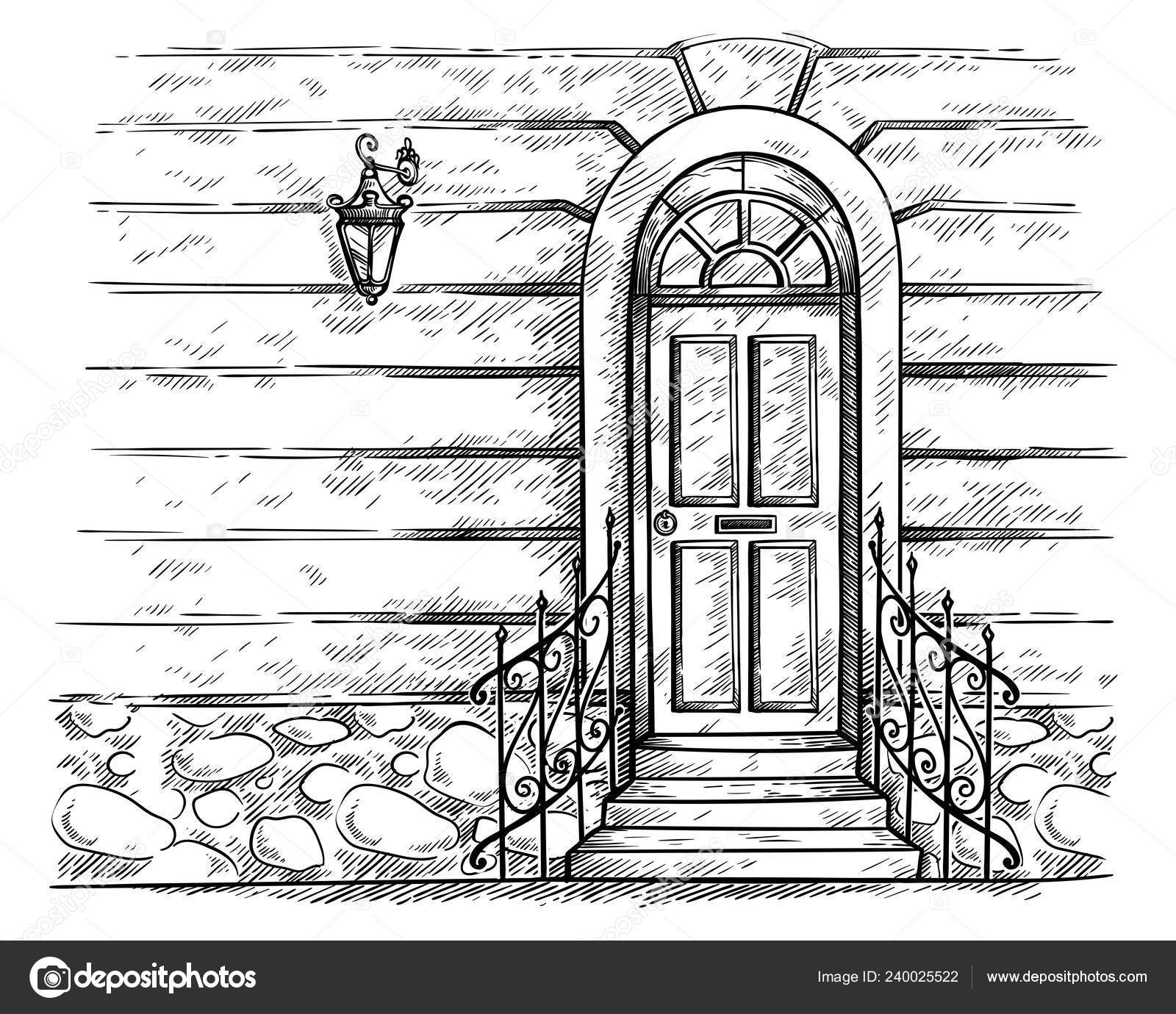 Sketch Hand Drawn Old Wooden Door With Porch And Railing