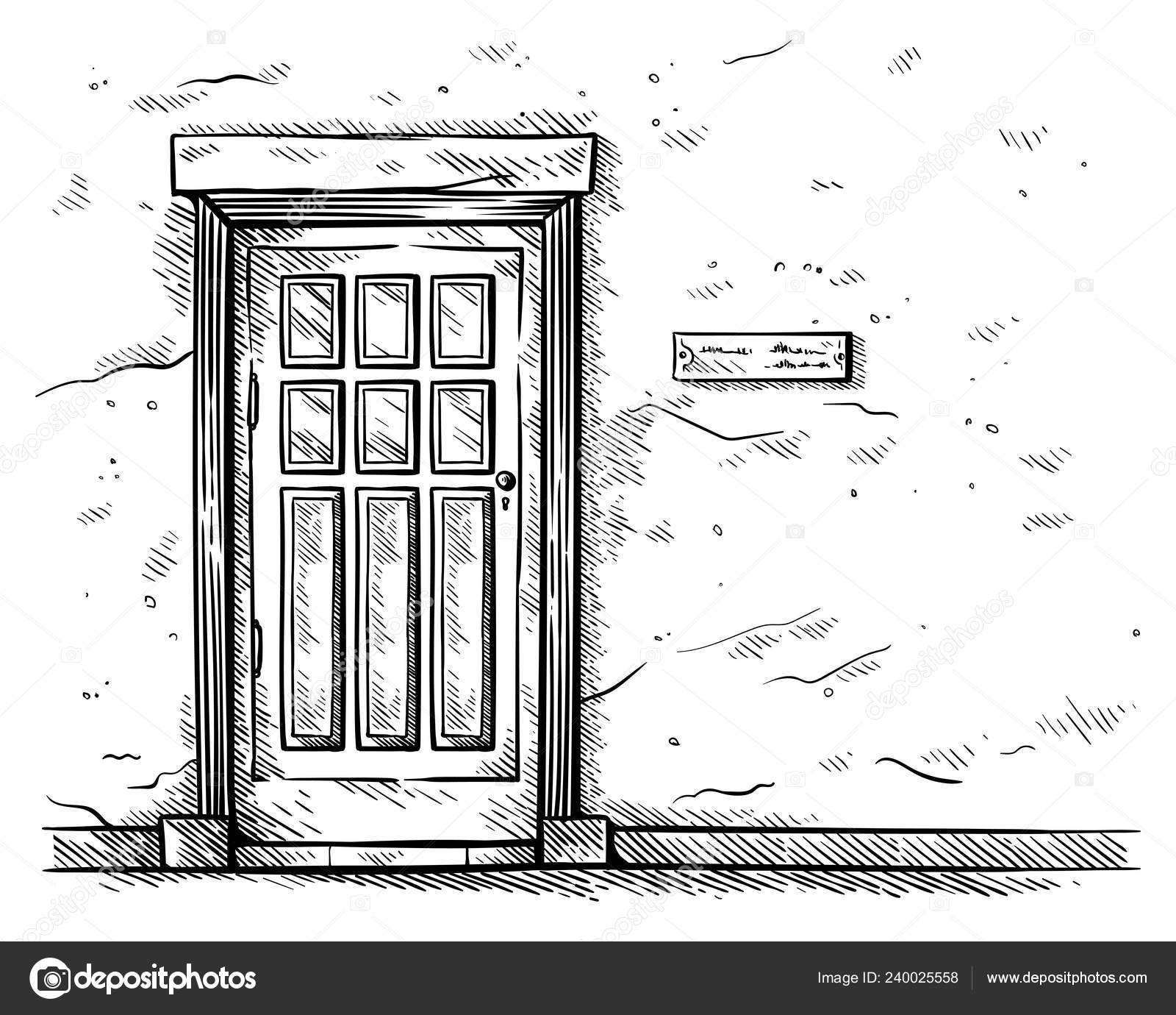 Sketch Hand Drawn Old Rectangular Wooden Door In Brick Wall