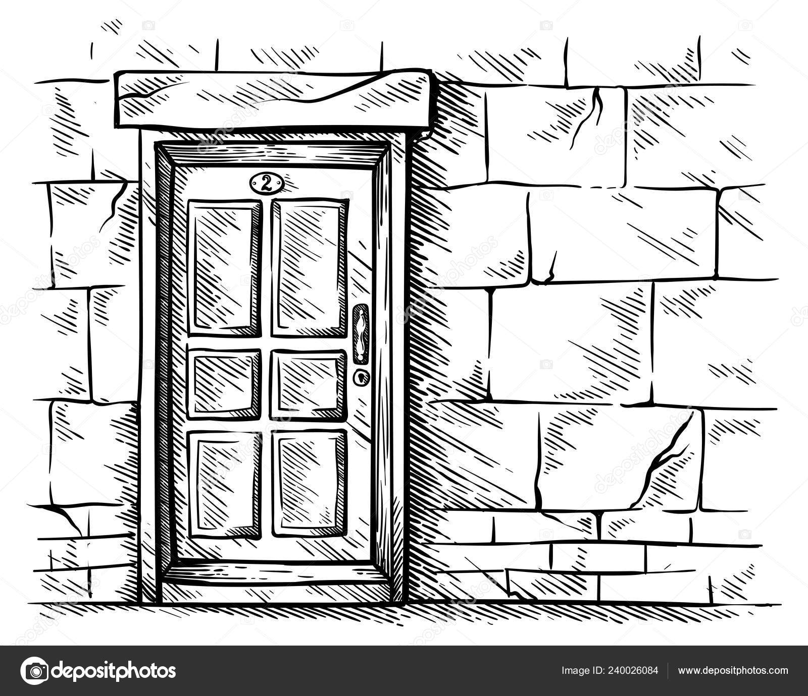 Sketch Hand Drawn Old Double Rectangular Wooden Door In Stone Wall