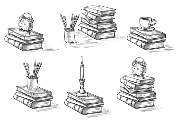 Ručně kreslené skici zásobníku knihy nastavit hodiny pera a svíčka izolované na bílém pozadí vektor — Stockový vektor
