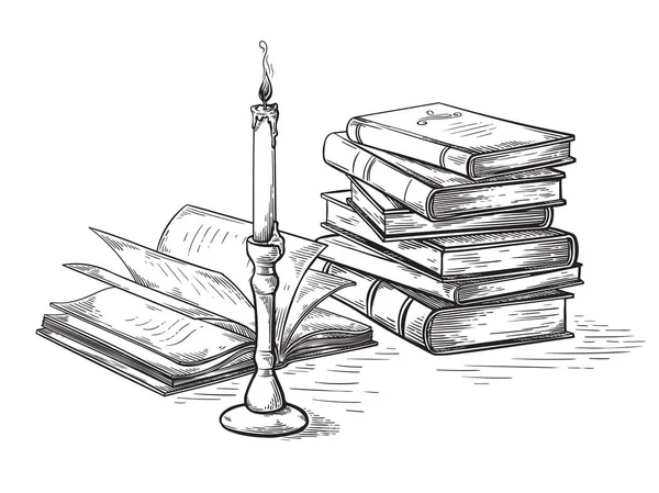 手工素描死亡概念老书附近蜡烛向量 — 图库矢量图片