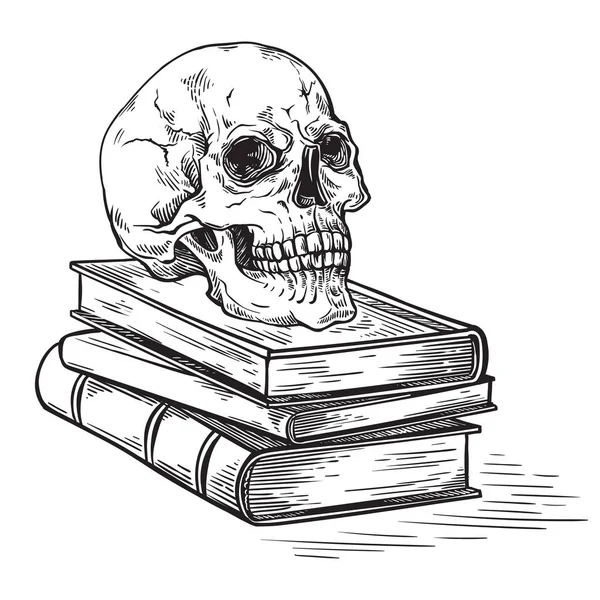 Handgjord skiss död begreppet mänsklig skalle på gamla böcker på mörk bakgrund vektor — Stock vektor