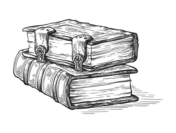Pilha de esboço desenhado à mão de dois livros mais antigos isolados em vetor de fundo branco — Vetor de Stock
