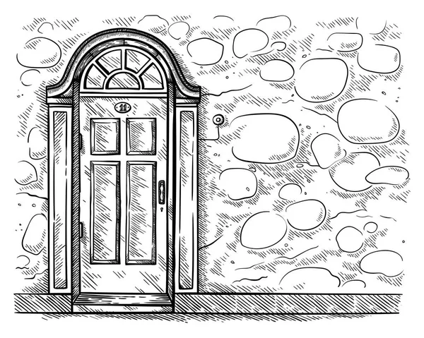 石の壁ベクトルで手描き下ろし古い古い木製ドアをスケッチします。 — ストックベクタ