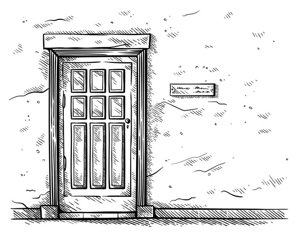 レンガ壁ベクトルで手描き下ろし古い長方形木製ドアをスケッチします。 — ストックベクタ