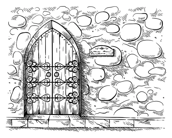 Schizzo disegnato a mano vecchia porta in legno a doppia arcata in pietra vettore castello muro — Vettoriale Stock