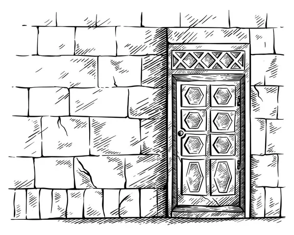 Boceto dibujado a mano vieja puerta de madera rectangular en vector de pared de ladrillo — Archivo Imágenes Vectoriales