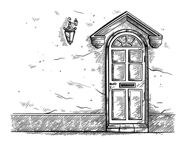 手雪庇ベクトルと壁に描かれた古い木製のドアをスケッチします。 — ストックベクタ