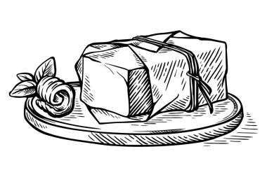 Ahşap bir vektör üzerinde kağıt ambalaja sarılı çizilmiş el tereyağı.