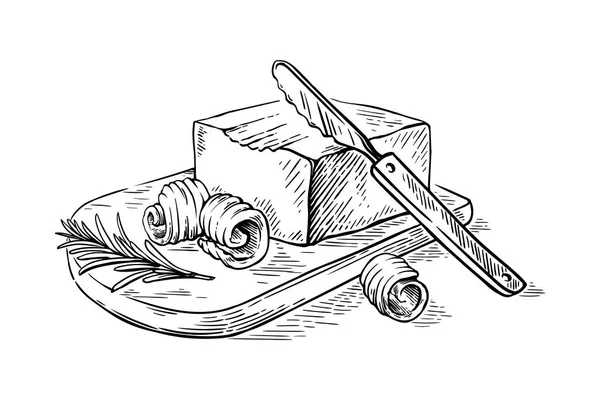 Esboço mão desenhada cachos de manteiga no vetor de tábua de corte de madeira — Vetor de Stock