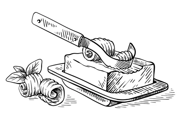 Tabak ve kıvrımlı vektör üzerine çizim el tereyağı bloğu ve dalgalı bıçak