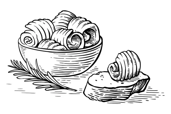 Esboço mão desenhada cachos de manteiga em tigela e vetor de pão — Vetor de Stock
