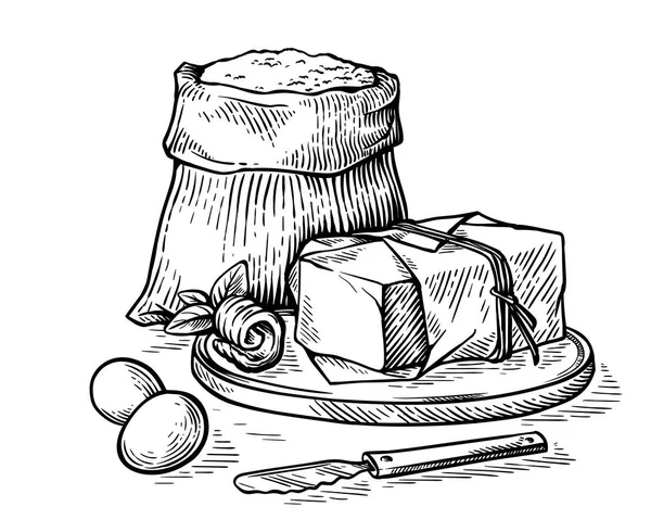 Schets met de hand getekende zak met bloem en eieren en boter op houten bord vector — Stockvector