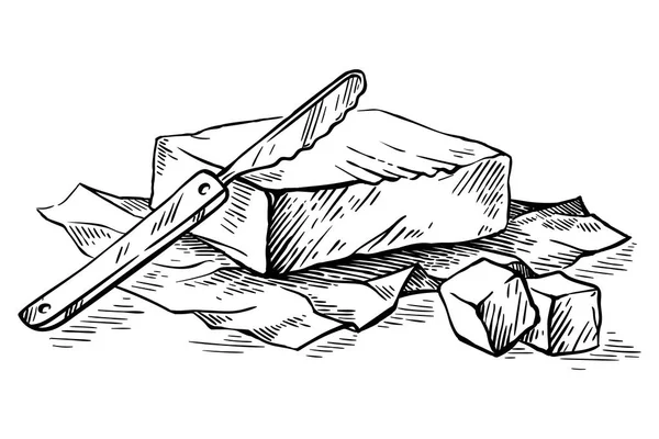 Kreslit ručně kreslený kus másla zabalený v papírové fólii a máslovém noži na bílém pozadí vektoru — Stockový vektor
