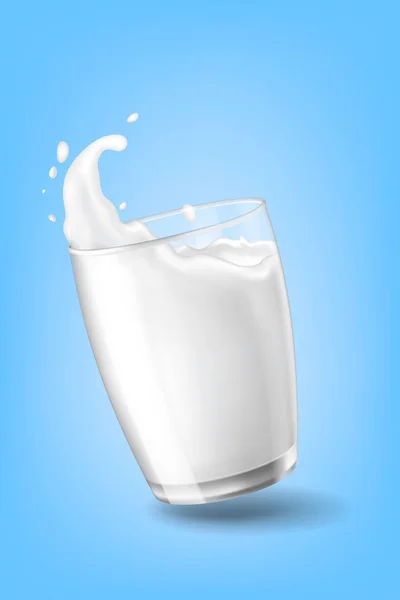 Flujo vaca leche corona salpicadura primer plano taza vidrio azul fondo vector — Vector de stock