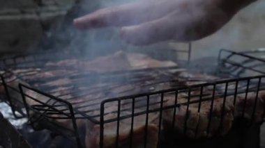Erkek el testinin 4K 'lık videosunu domuz pirzolasıyla ızgara ızgarasının üstünde kapat. Açık hava yemekleri, piknik ve yemek hazırlama kavramı