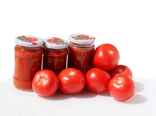 Tomates Rojos Sabrosos Pulpa Tomate Cocida Como Conservas — Foto de Stock