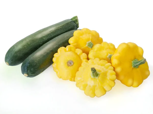 Grüne Zucchinies Und Gelbe Patissons Als Schmackhaftes Gemüse — Stockfoto