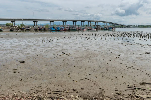 Grunge Areia Praia Com Porto Pesca — Fotografia de Stock