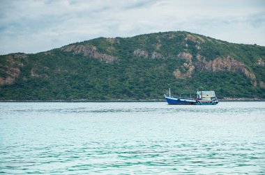 Dağ adası olan bir teknenin sahilde yakın çekimi.