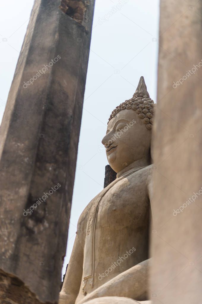 Closeup of buddha sculpture in the old temple from Sukhothai, Th