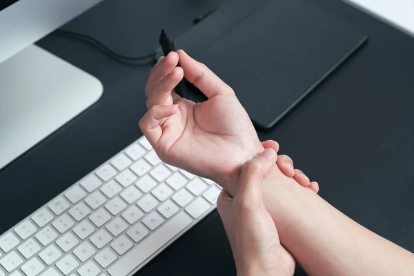 woman wrist arm pain long use pen mouse working. office syndrome healthcare and medicine concept