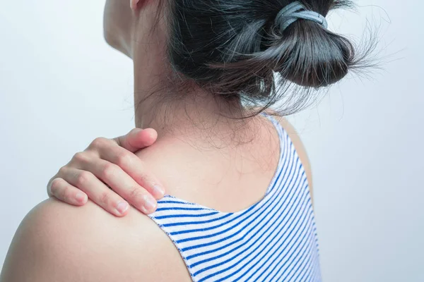 Mulheres Jovens Dor Pescoço Ombro Lesão Cuidados Saúde Conceito Médico — Fotografia de Stock